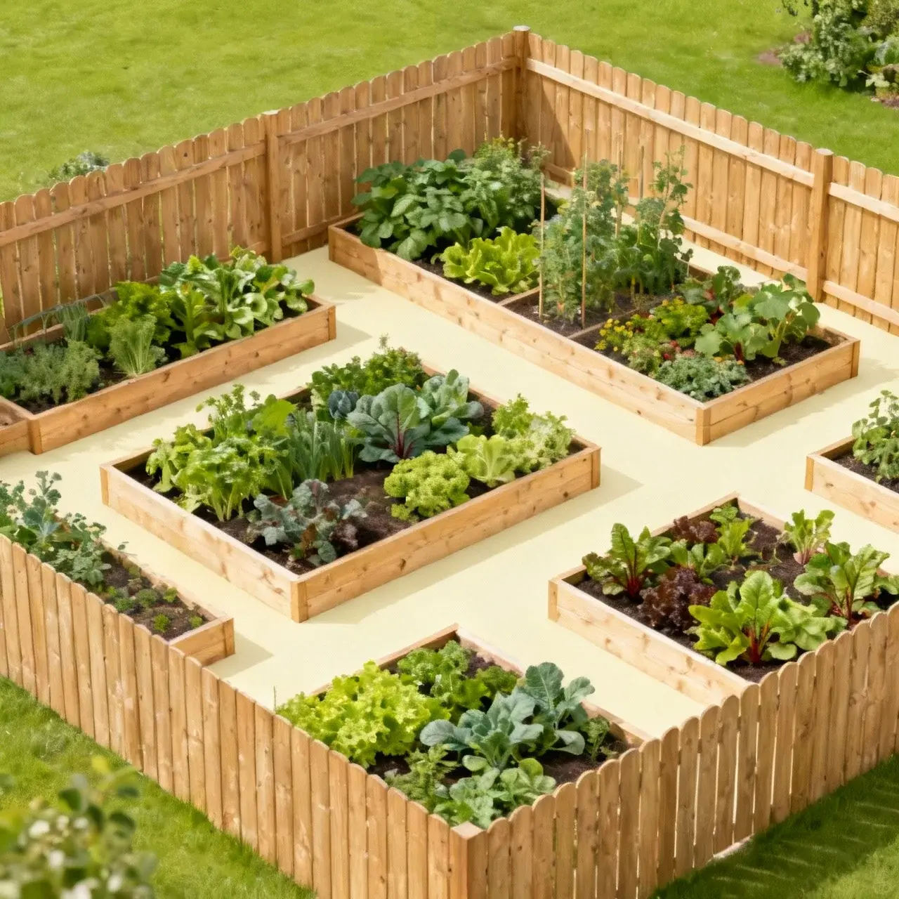 Upphöjda odlingsbäddar med staket runtom