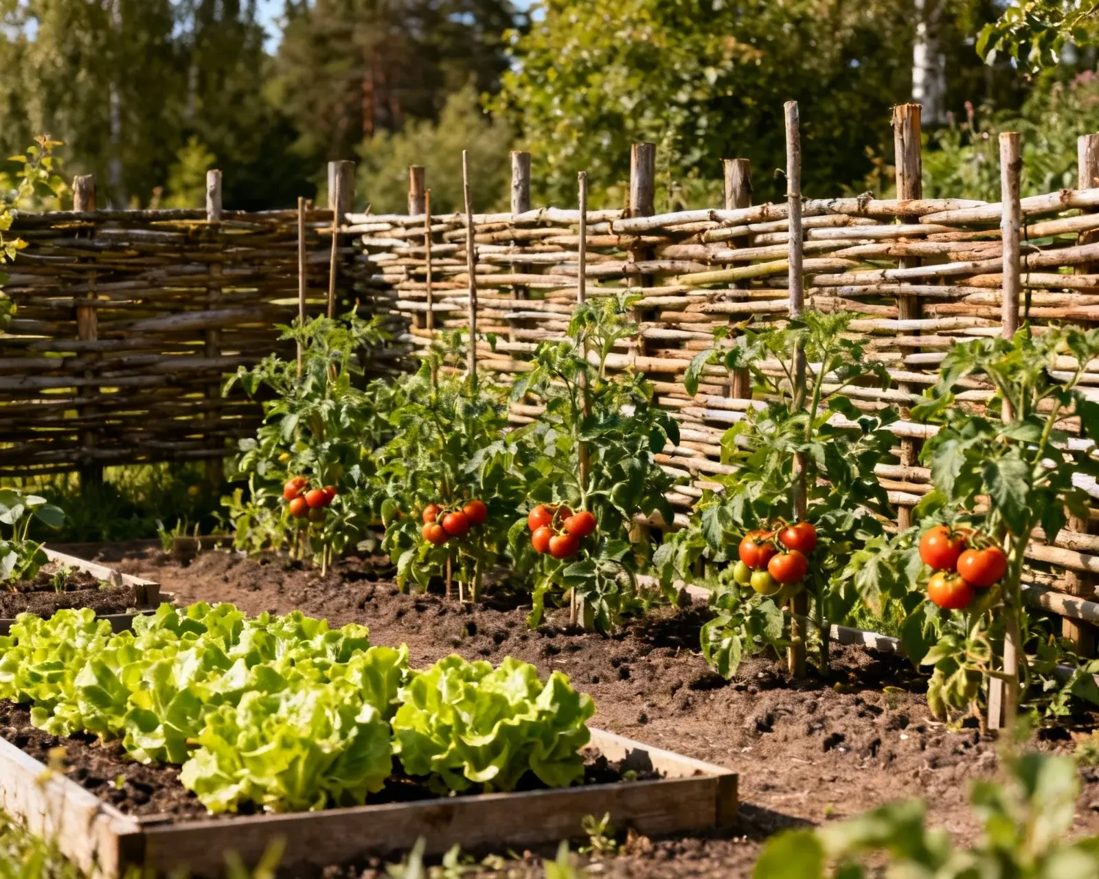 Vacker köksträdgård med skyddande staket