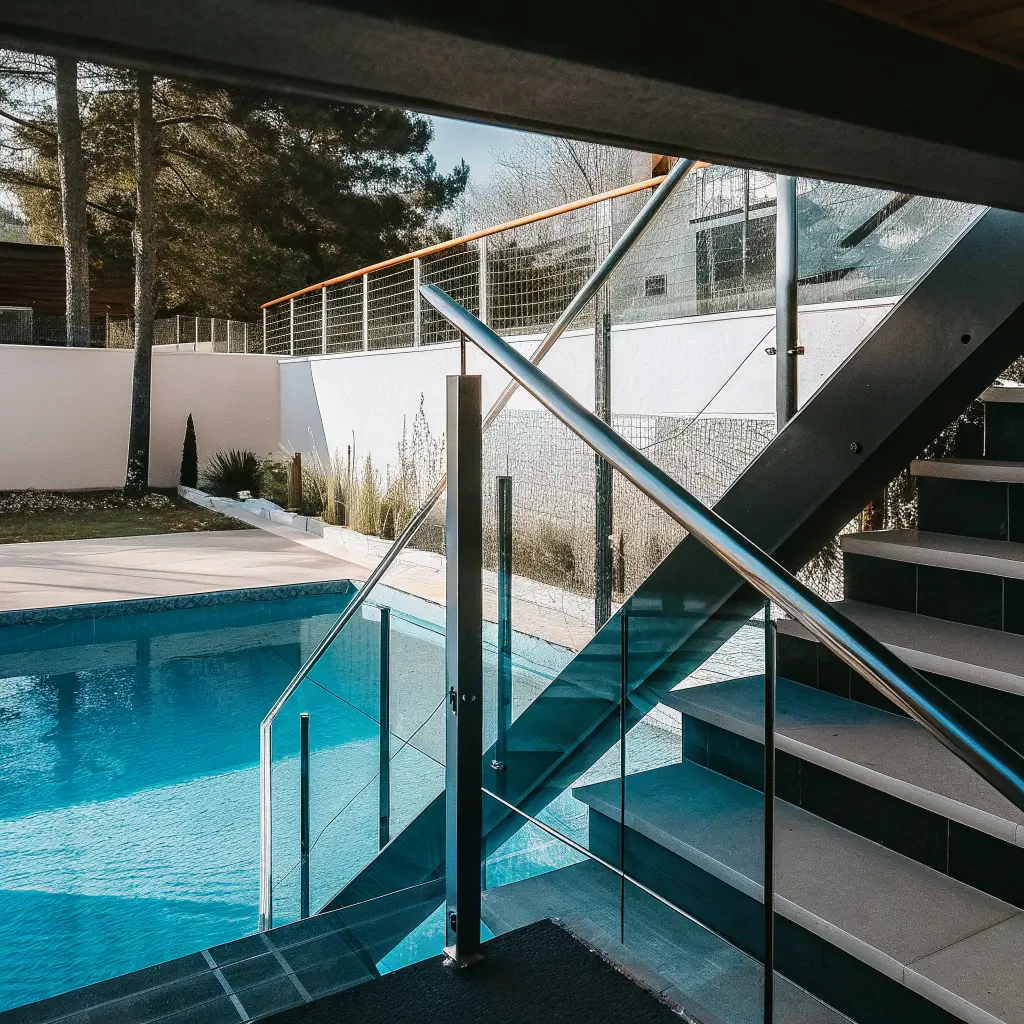 Modernt glasräcke runt pool som behåller öppen känsla och utsikt