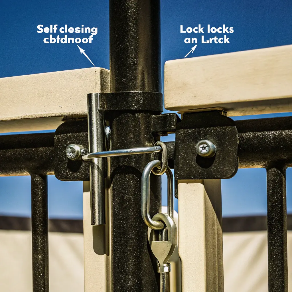 Barnsäker grind med självstängande mekanism och låshöjd enligt Boverkets krav