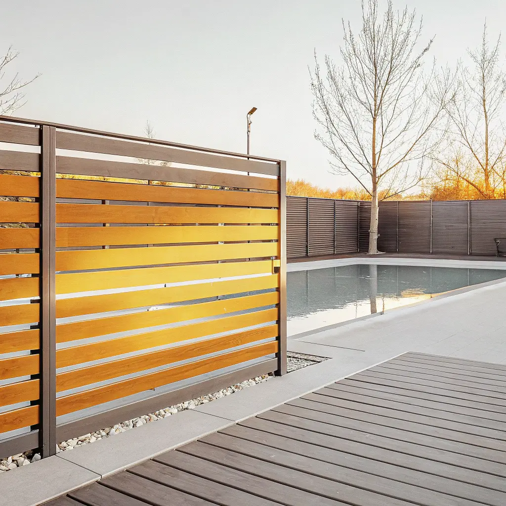 Modernt poolstaket med horisontella ribbor i naturligt trä