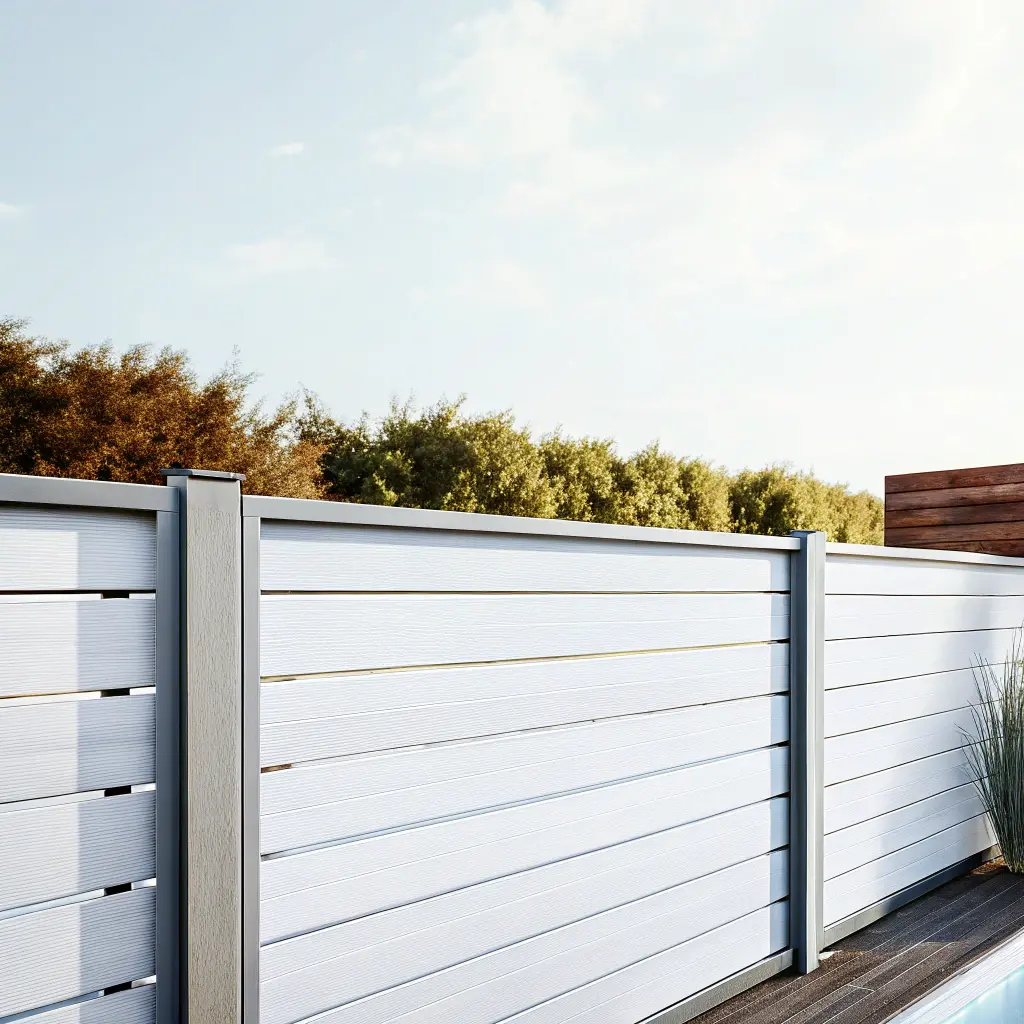 Underhållsfritt kompositmaterial i ljusgrå färg, perfekt för poolområdet