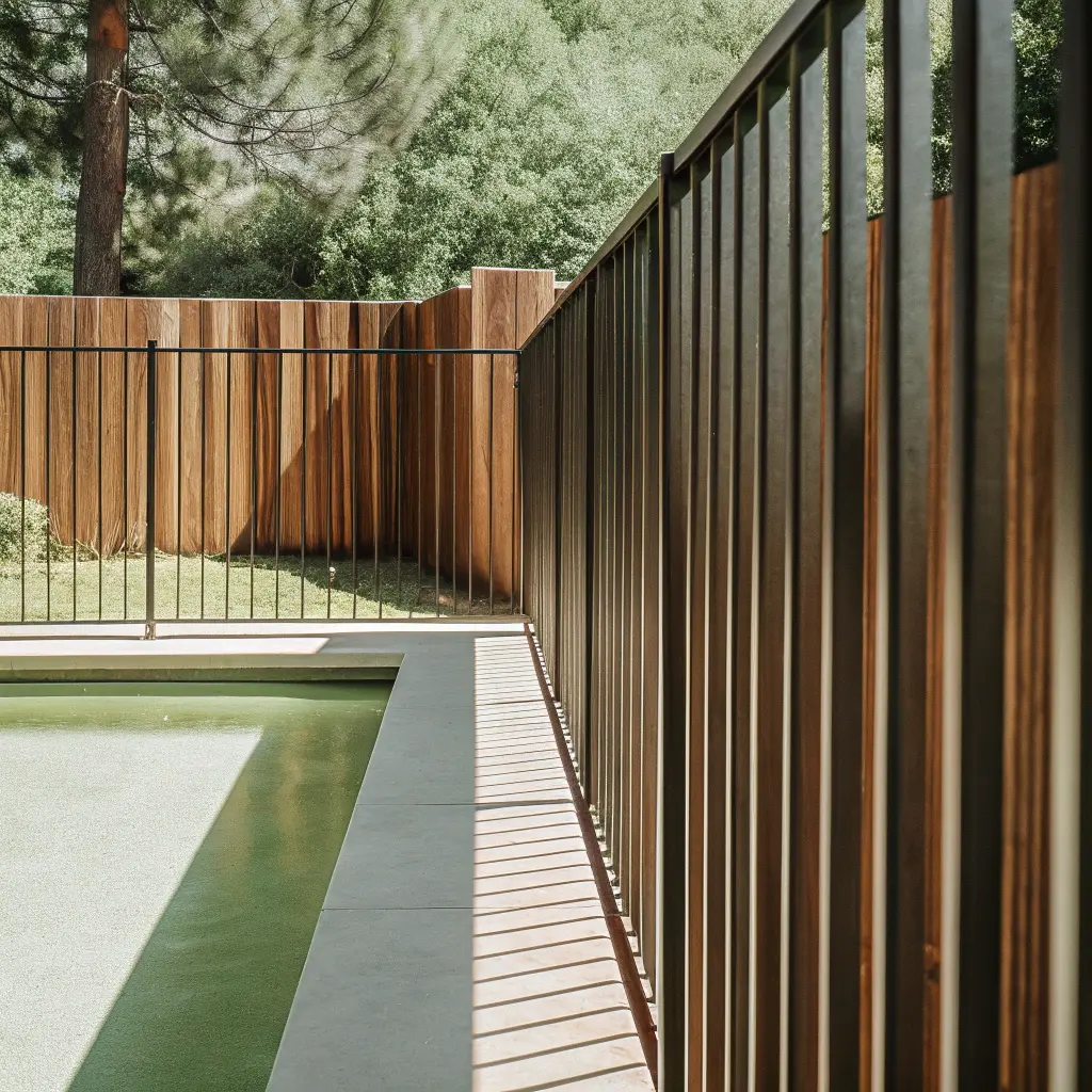 Svart metallstaket med vertikala spjälor runt pool, säkert och elegant