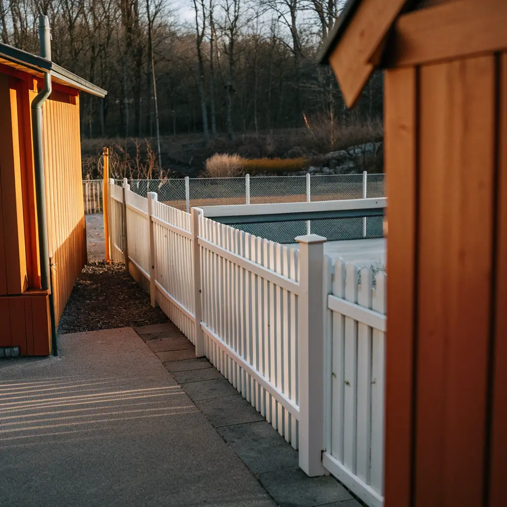 Vitt traditionellt staket runt pool i lantlig trädgård