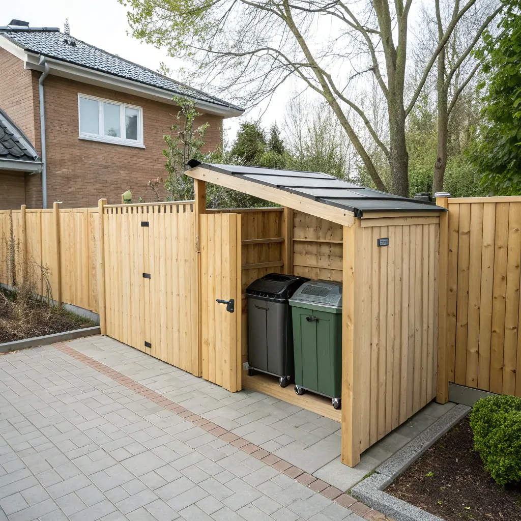 Hörnplacerat soptunnestaket med dubbeldörr