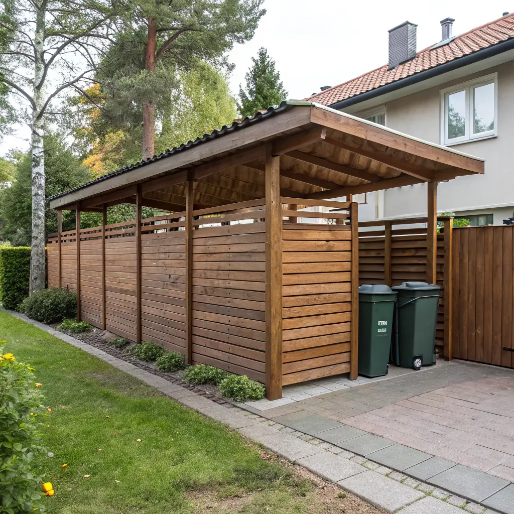 Elegant soptunneskydd med tak och horisontella brädor