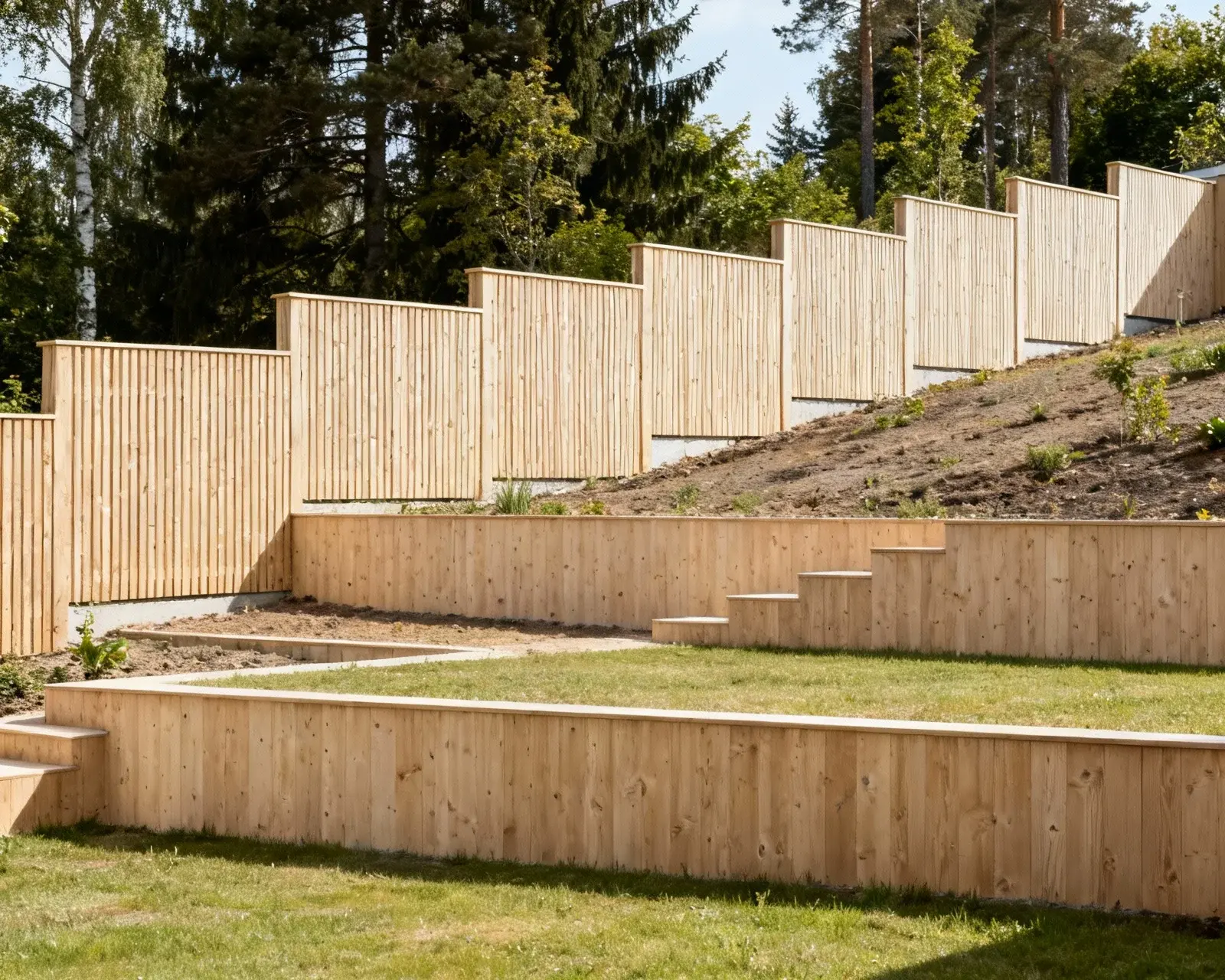 Avtrappat staket på sluttande tomt