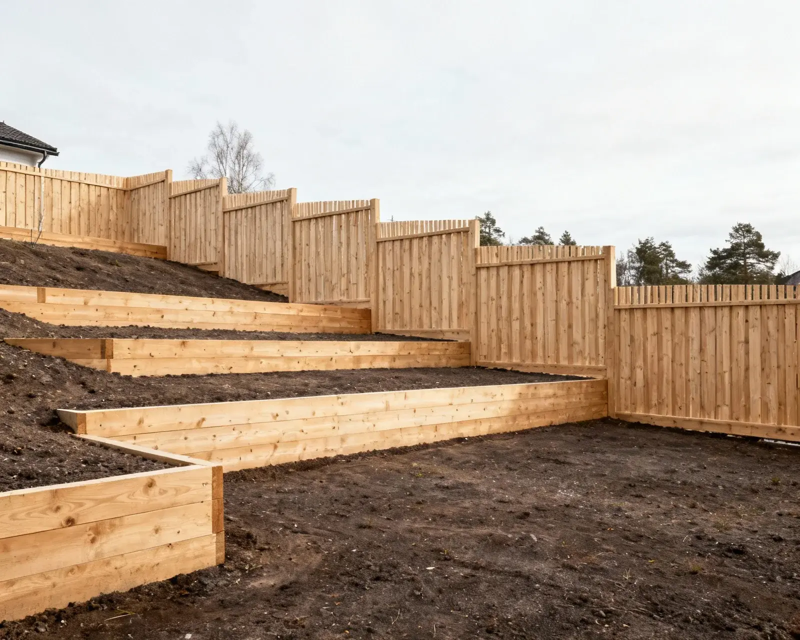 Färdigställt avtrappat staket på sluttning