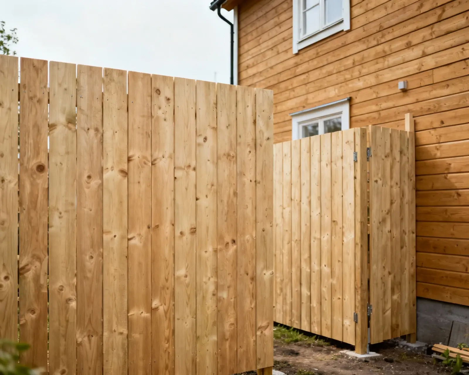 Traditionella trästaketstolpar under installation i Stockholm