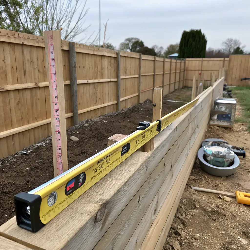 Vattenpass och mätverktyg på staketbygge