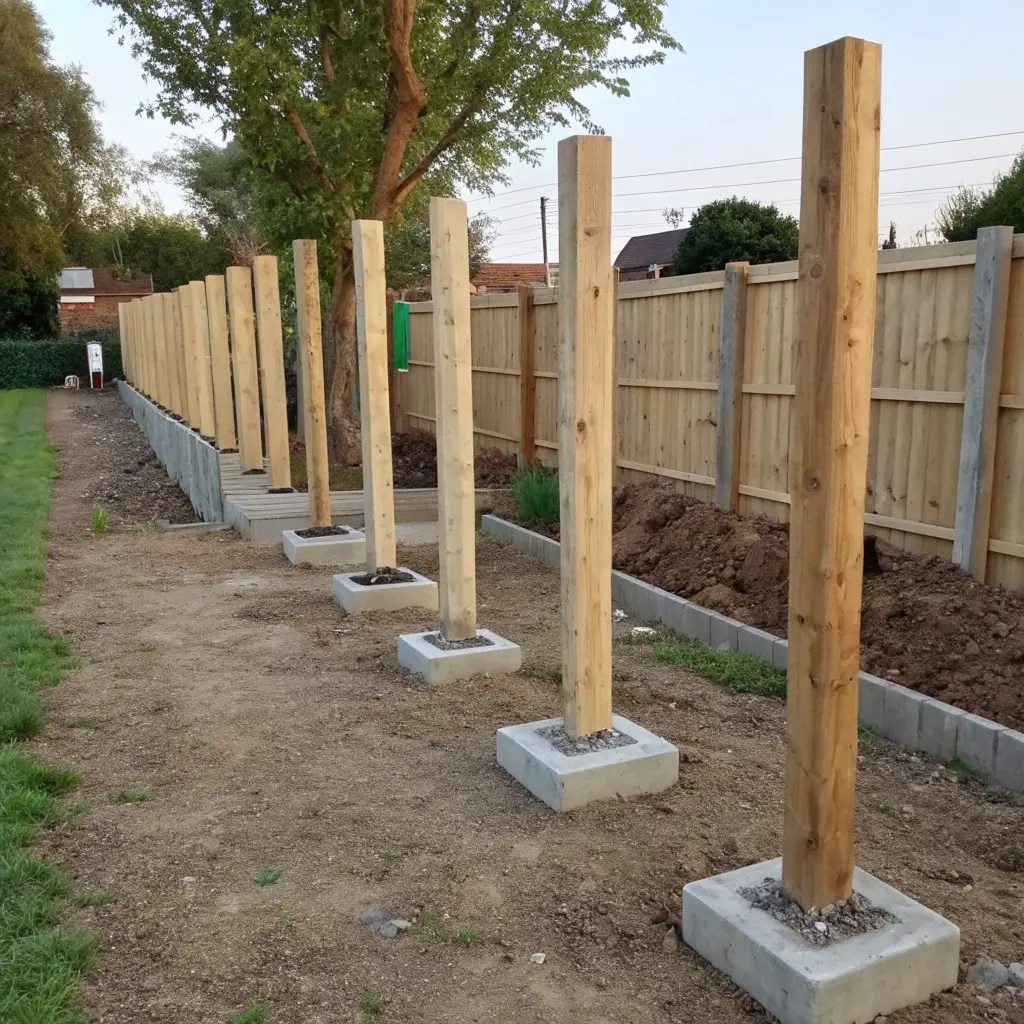 Korrekt installerade staketstolpar med betongfundament