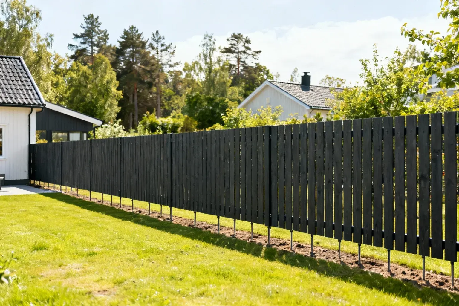 Staketinstallation utan betong med markspett i svensk trädgård