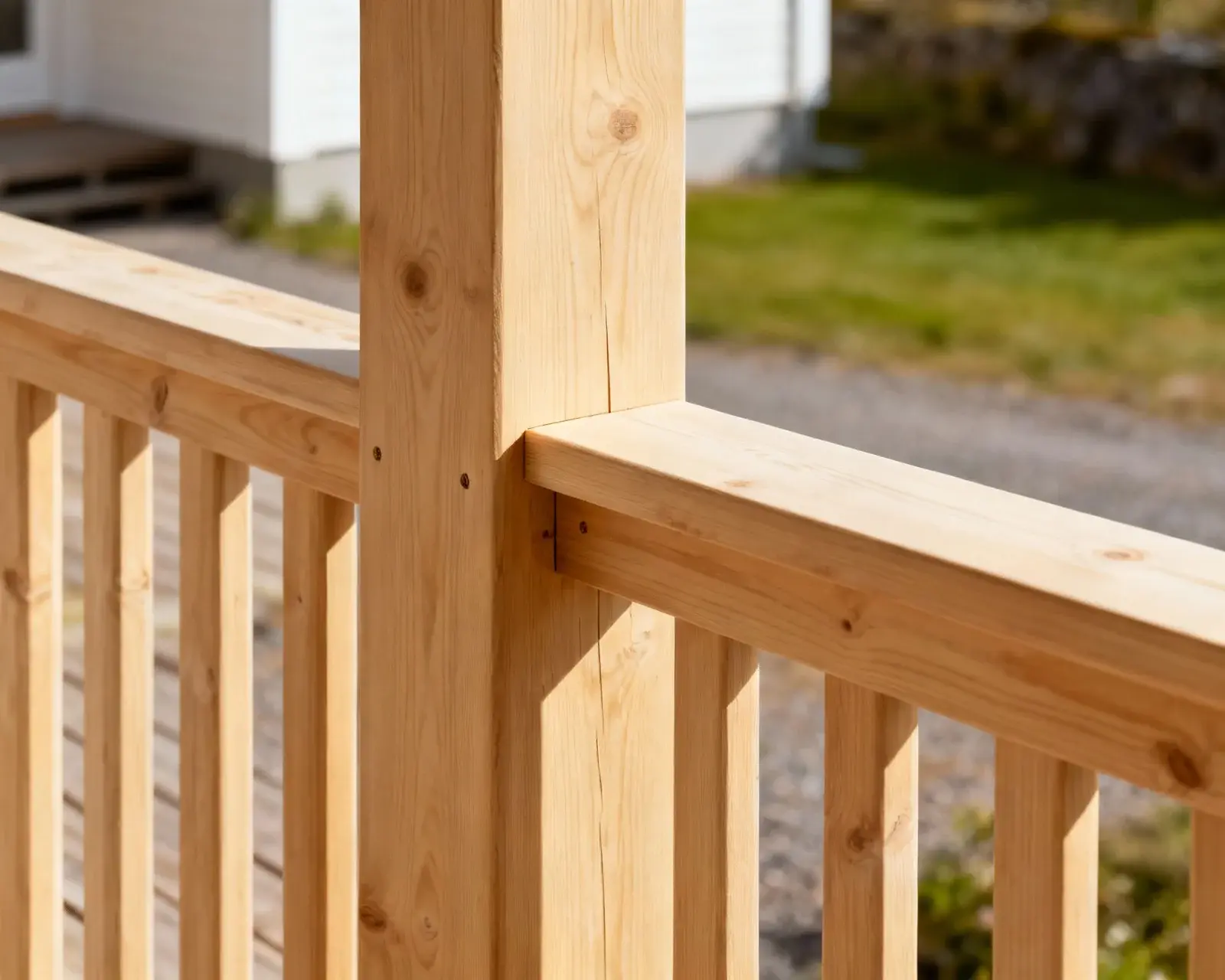 Vackert verandaräcke med trädetaljer i skandinavisk stil