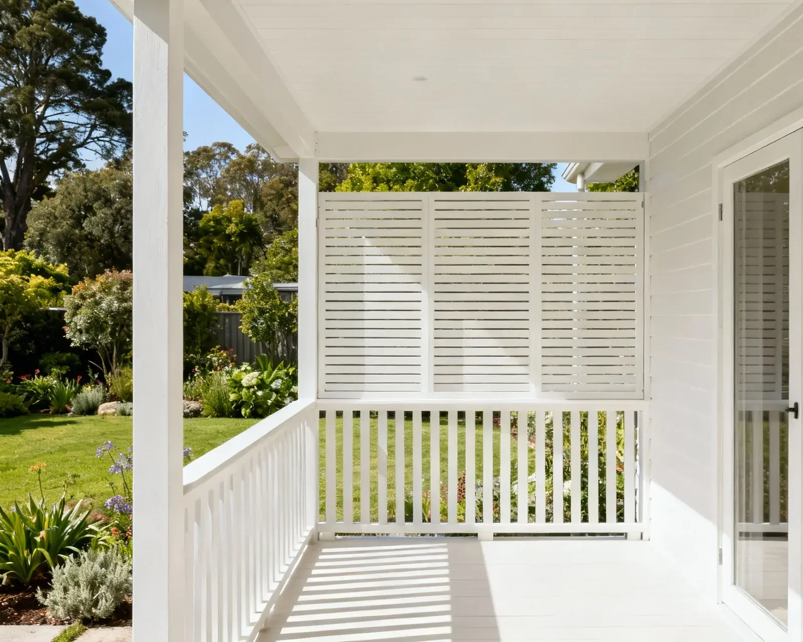 Veranda med integrerat staket och skärmvägg