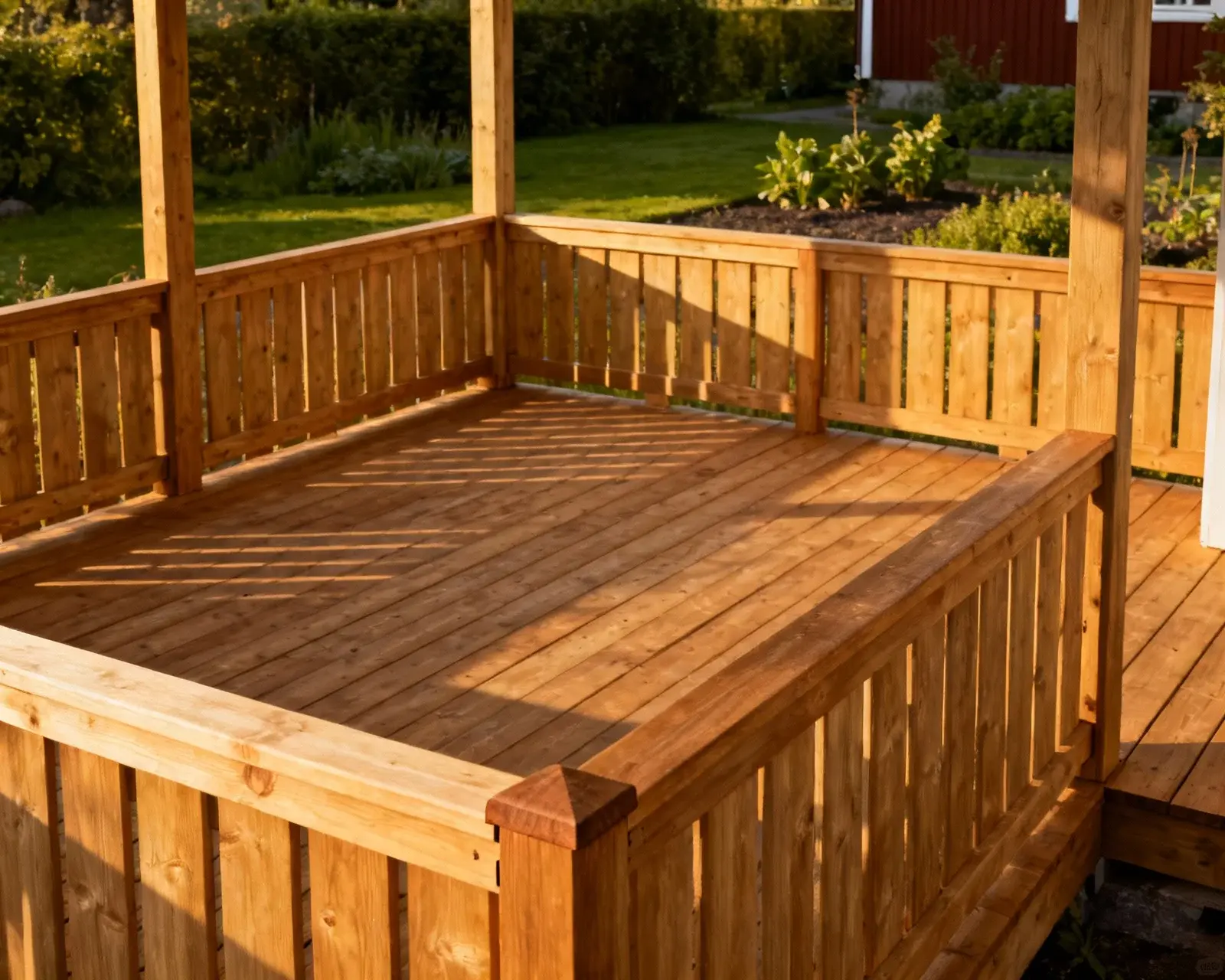 Färdig veranda med komplett räcke från annan vinkel