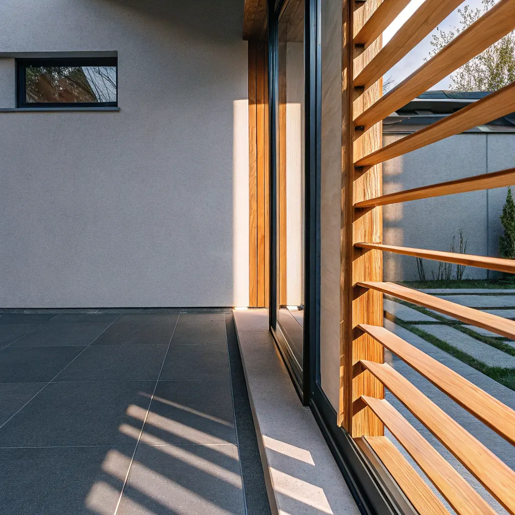 Modernt insynsskydd i glas och trä vid terrass