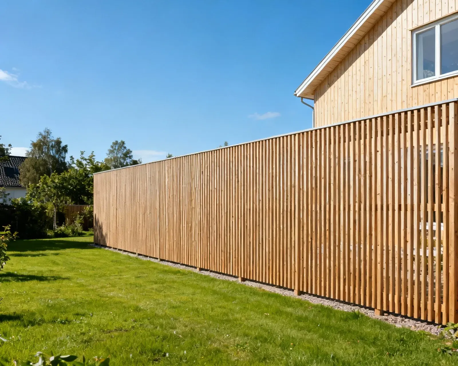 Modernt svenskt staket i trädgård
