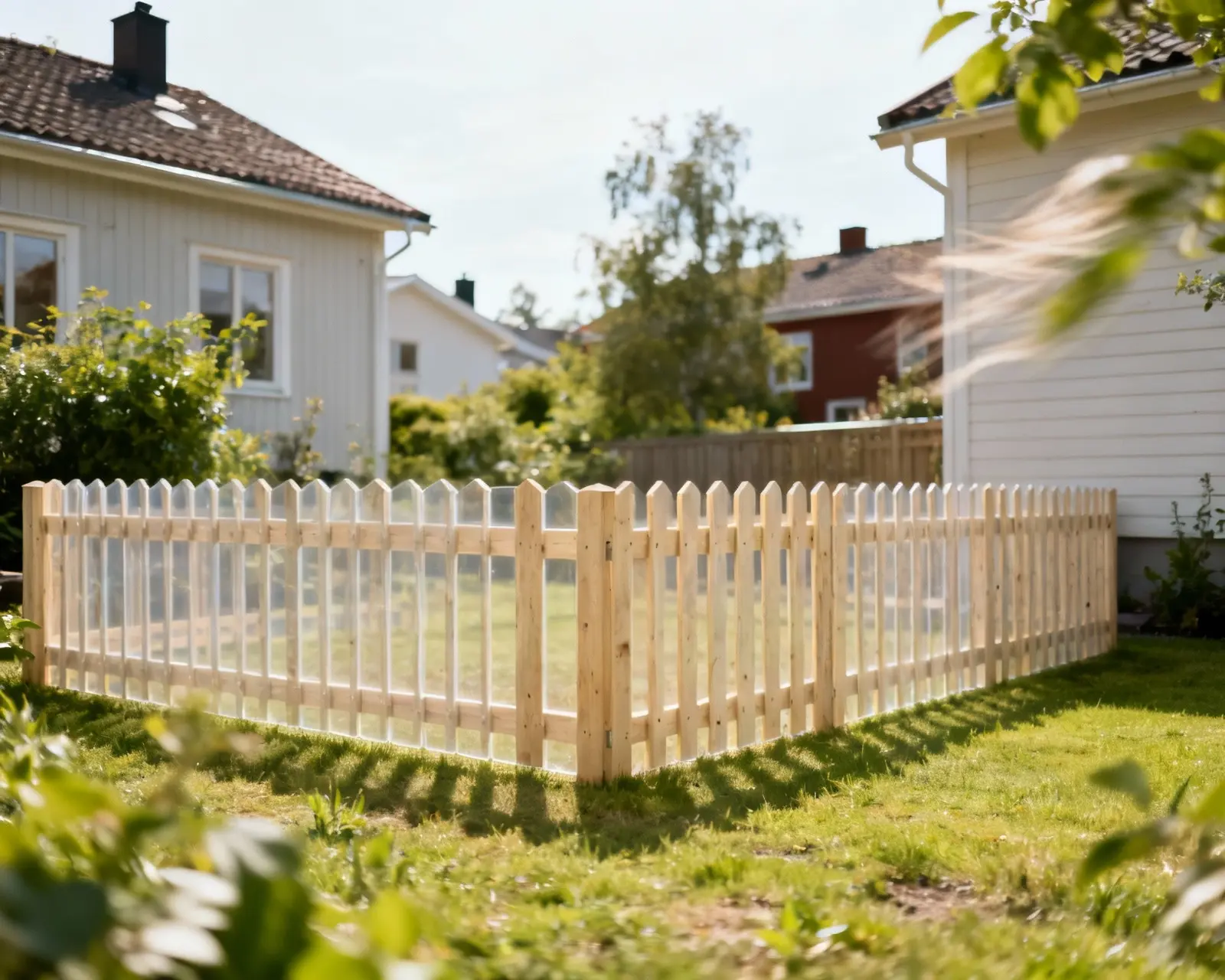 Lågt genomsiktligt staket utan bygglov i svensk trädgård
