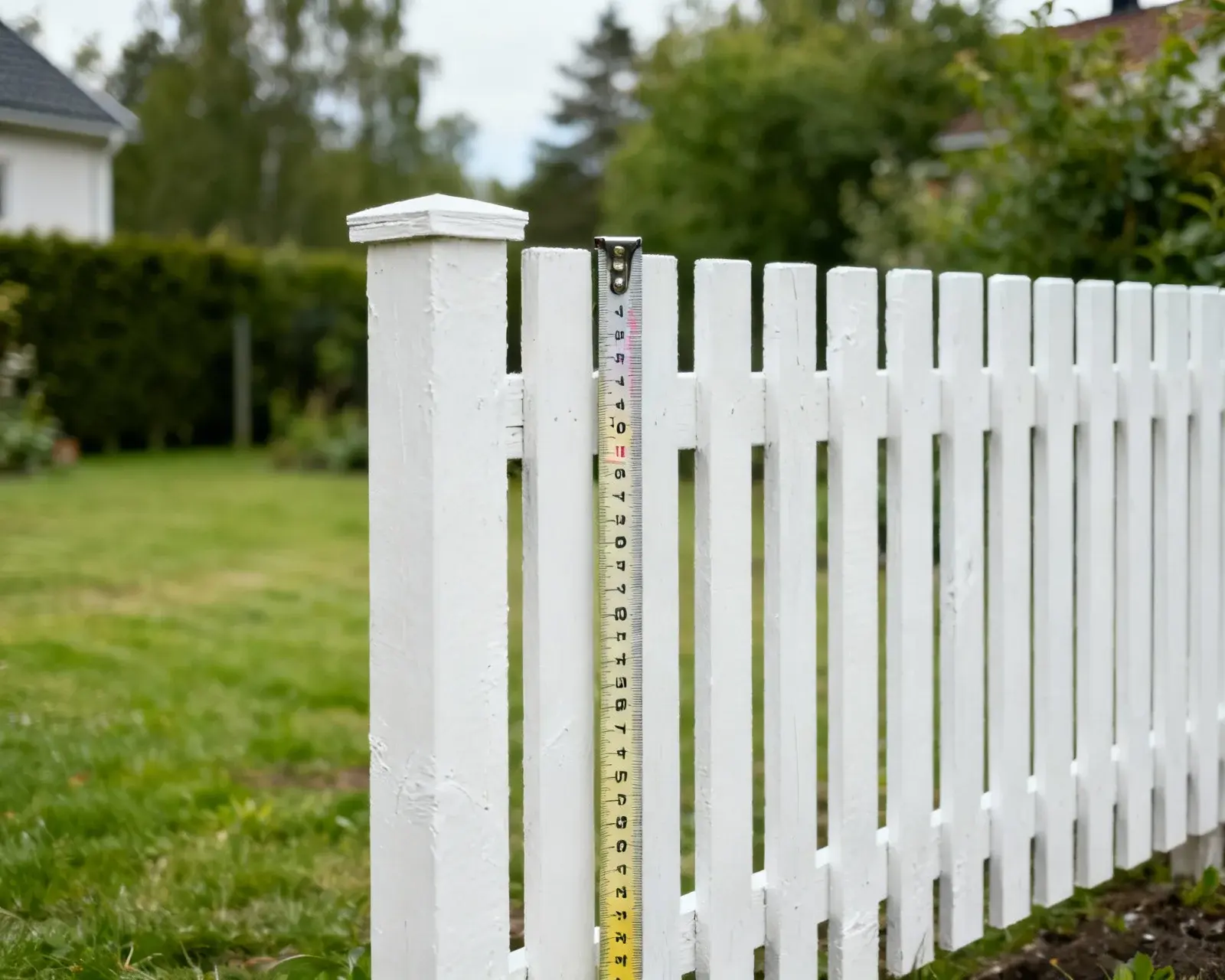 Lågt avgränsande staket vid tomtgräns med mätband