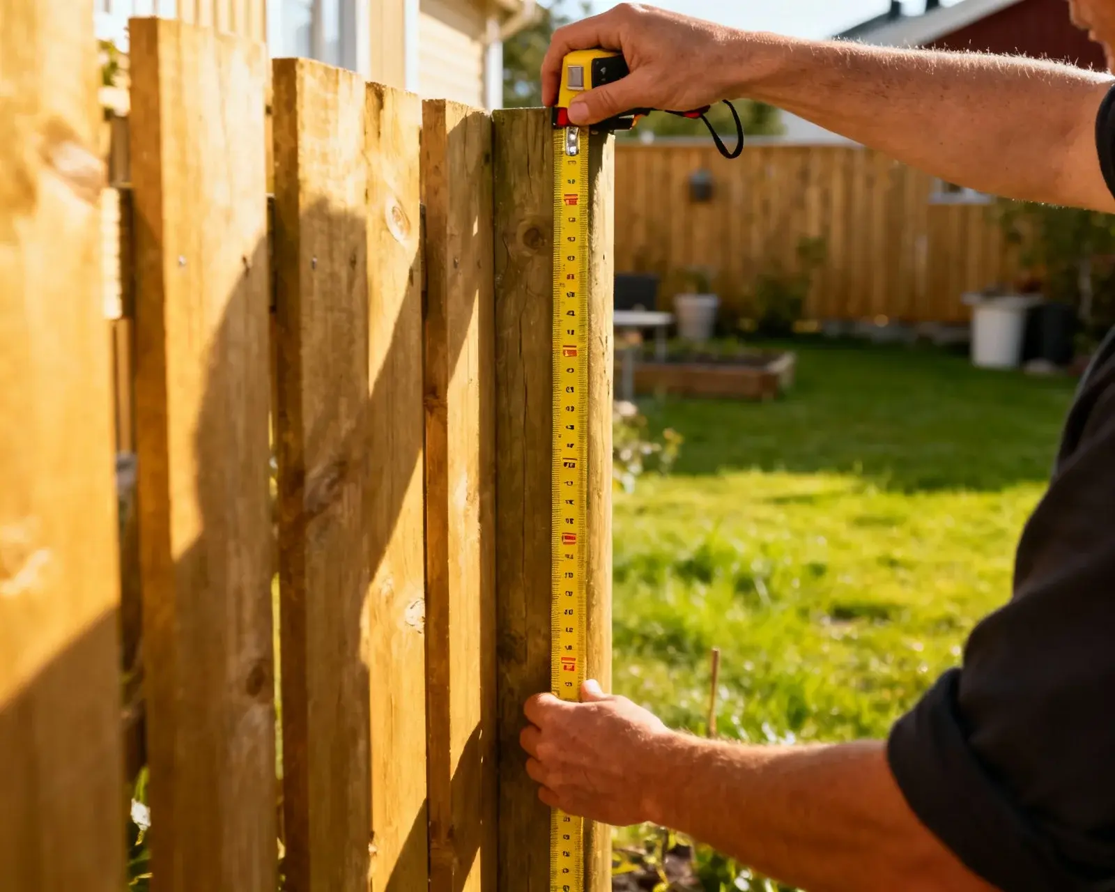 Person mäter stakethöjd med måttband från marknivå