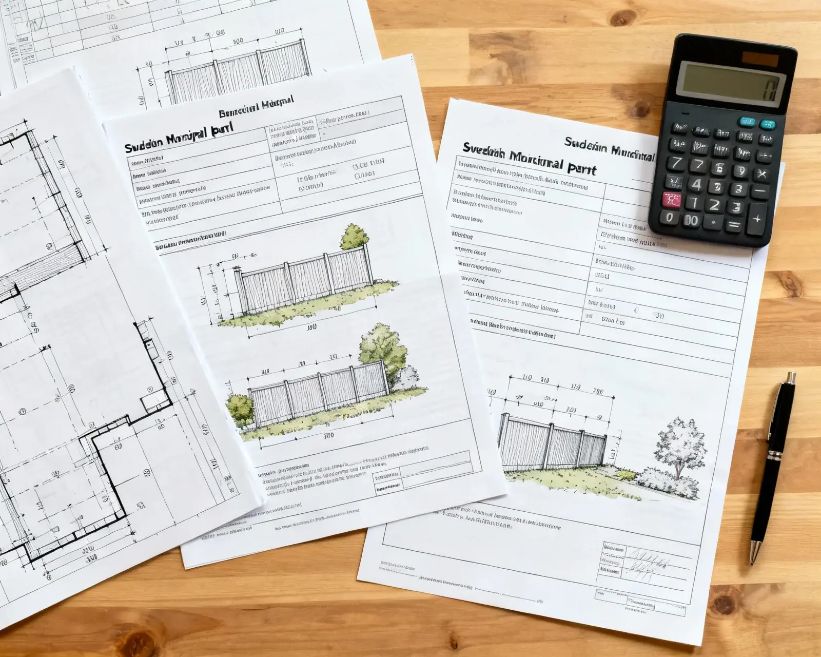 Bygglovshandlingar och ritningar för staket på skrivbord