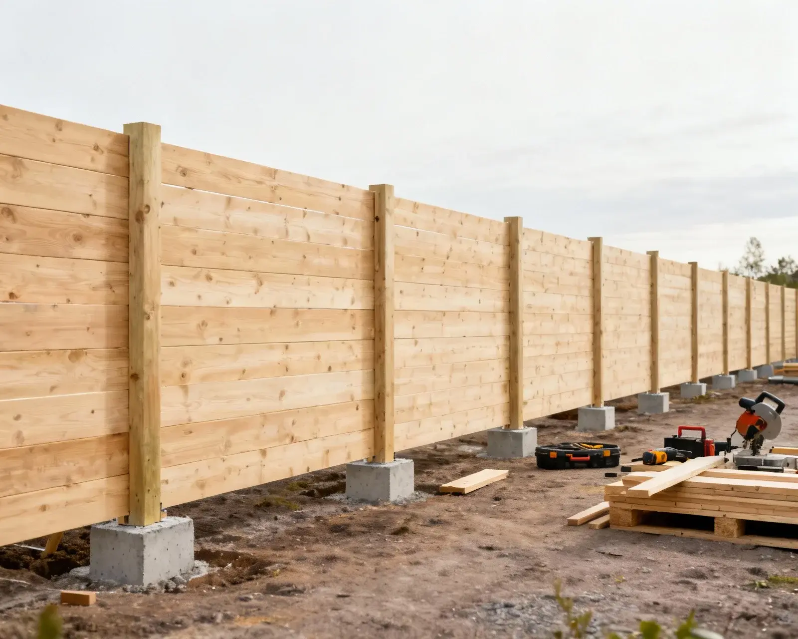 Modern svensk staketmontering pågår på tomten