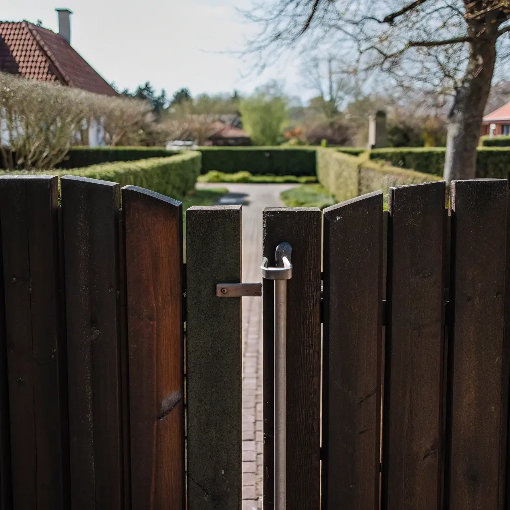 Staketgrind i svensk stil, stängd grind mot trädgård