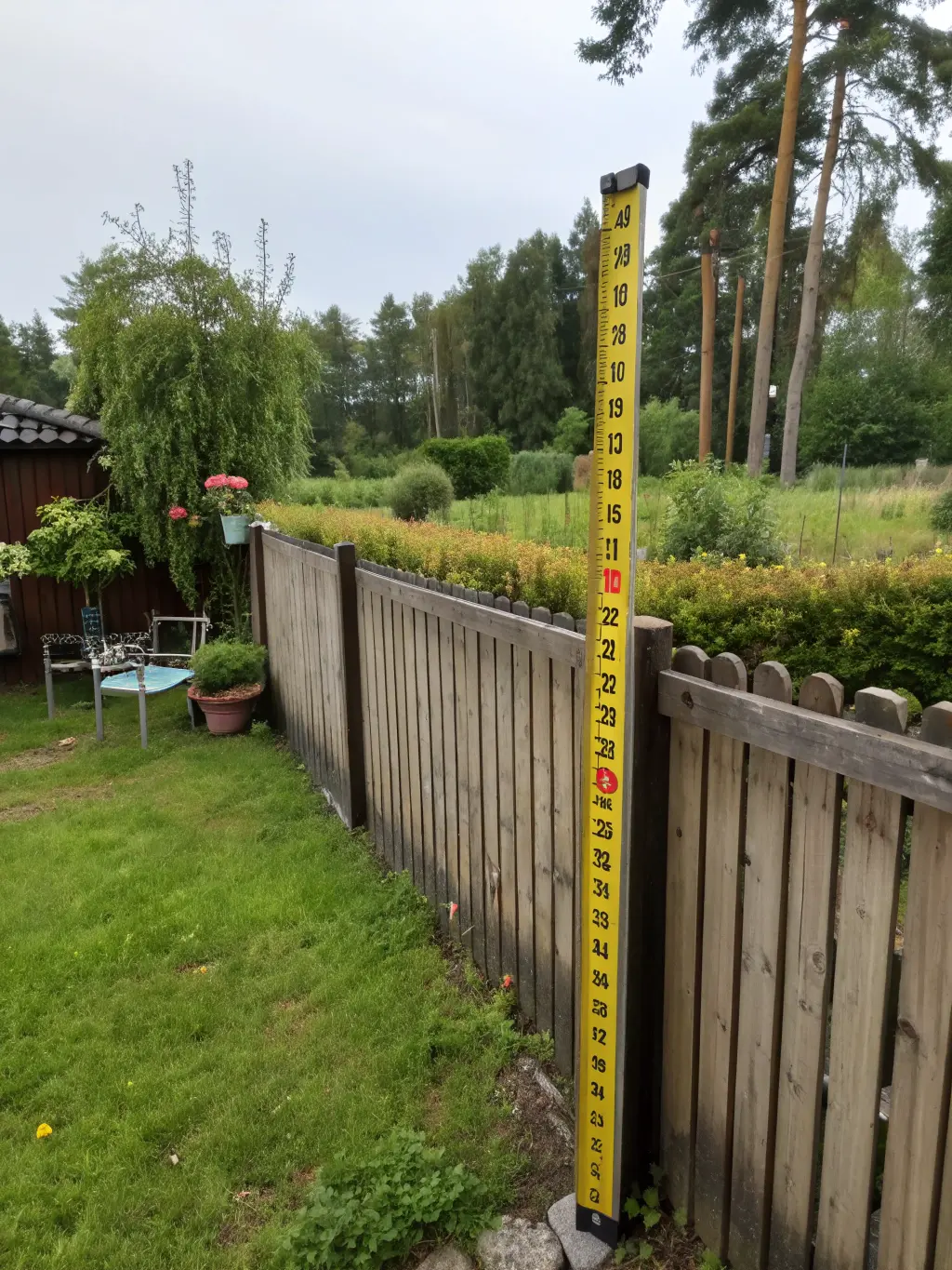 Staket vid tomtgräns med mätning av höjd