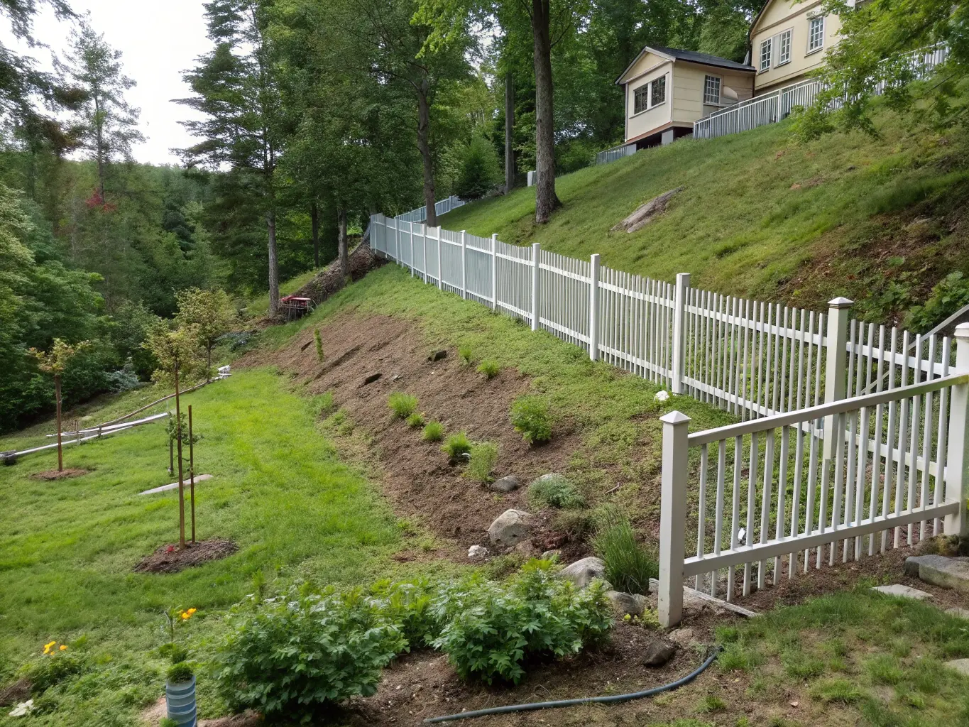 Staket på lutande mark vid tomtgräns