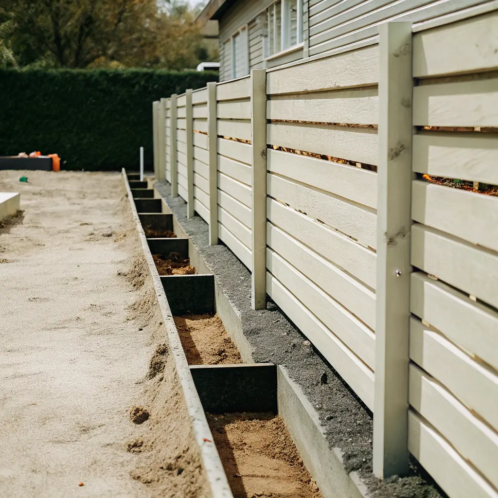 Modern staketinstallation vid tomtgräns