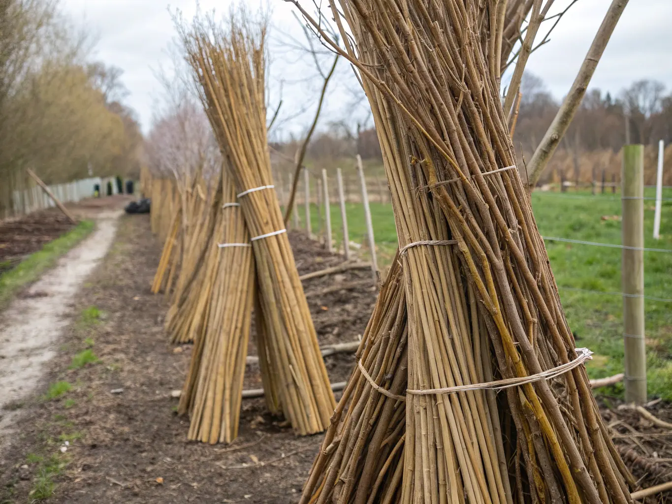 Buntar med färska pilkvistar för staketbygge