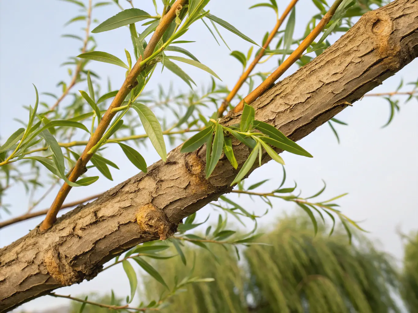 Närbild på färsk pilbark med fin textur