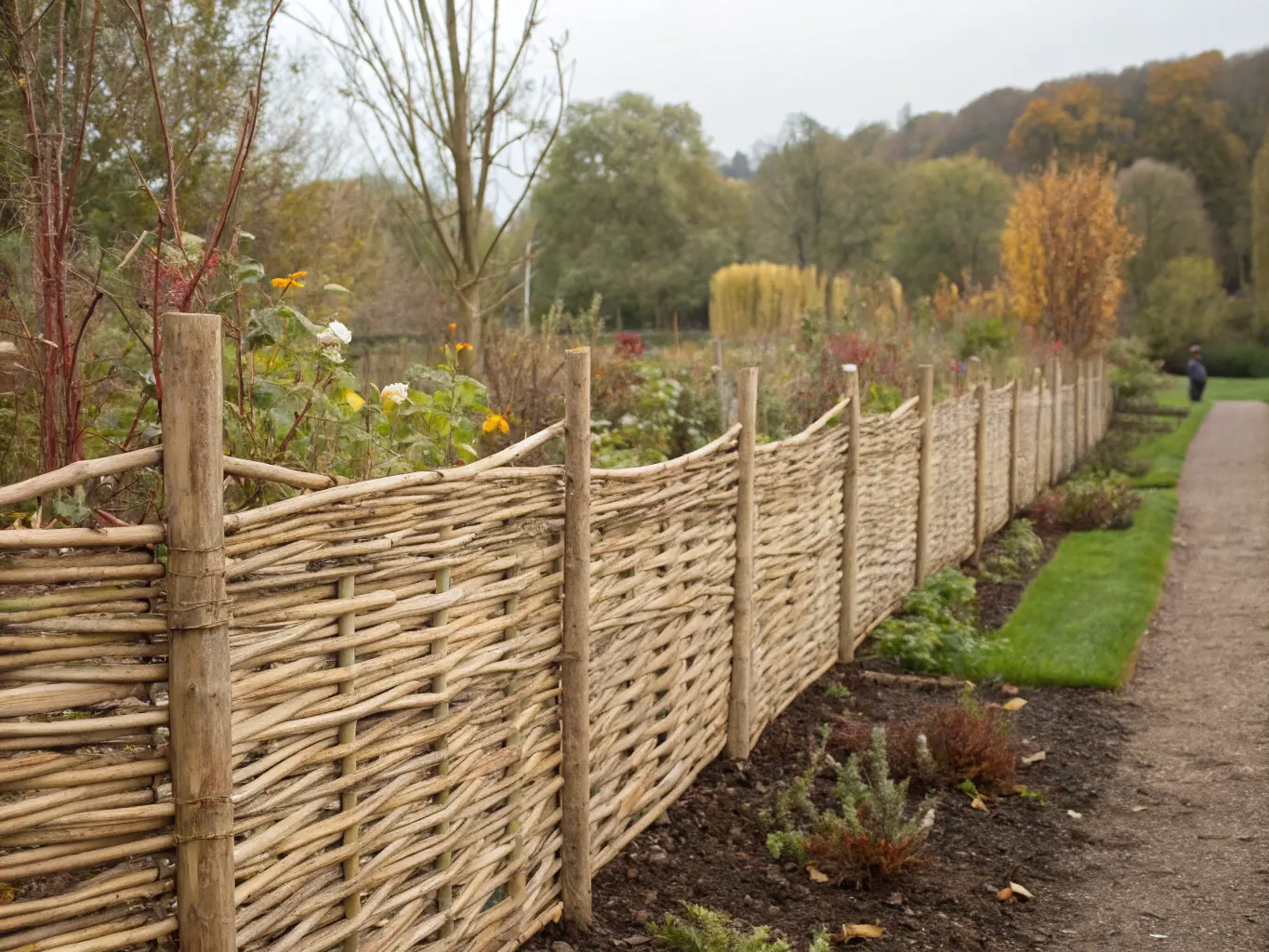 Vackert flätat pilstaket i trädgård