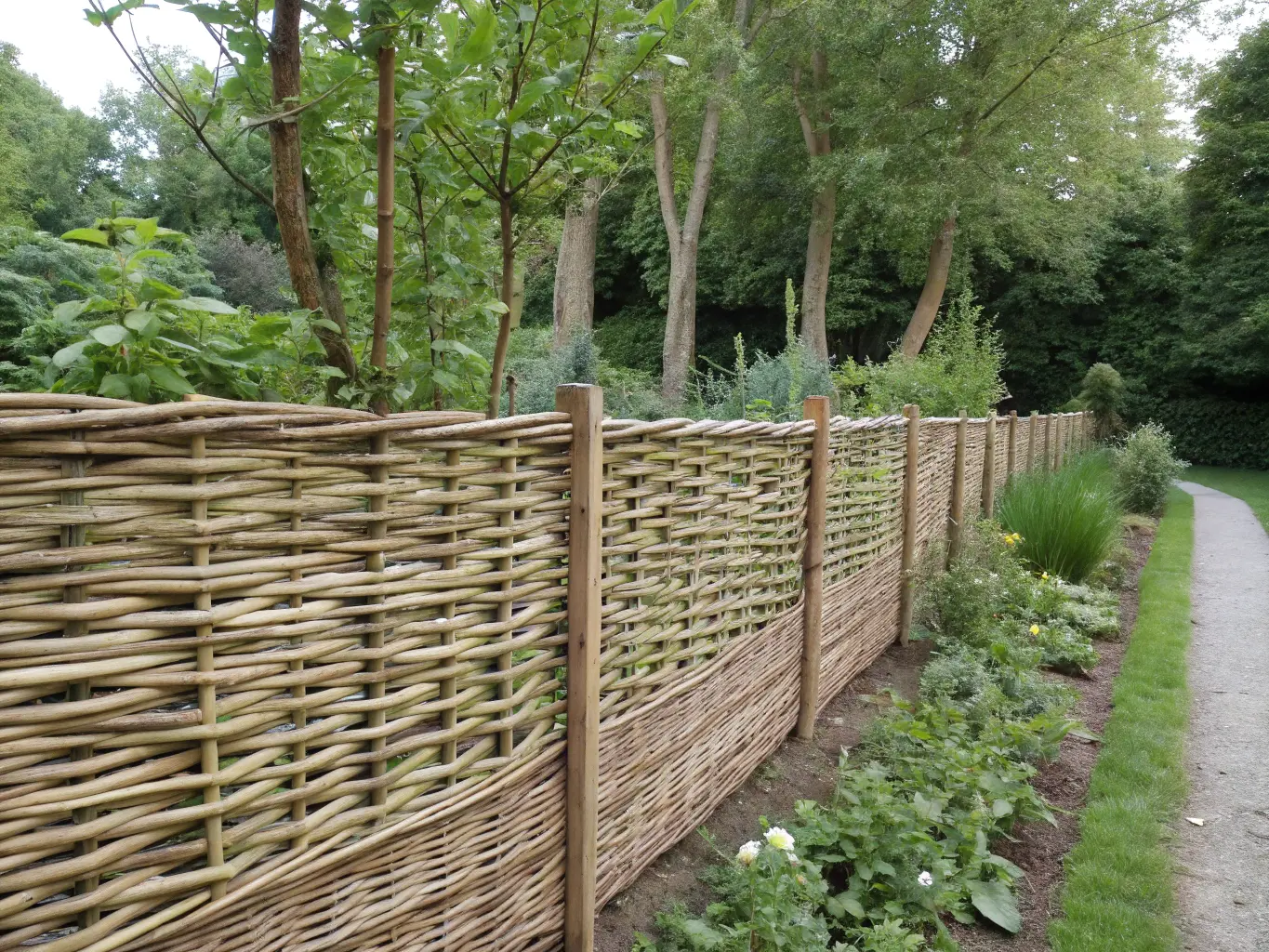 Pilstaket i trädgård med vacker flätning