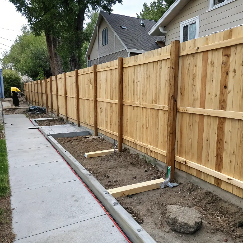 Pågående staketbygge med synliga konstruktionsdetaljer