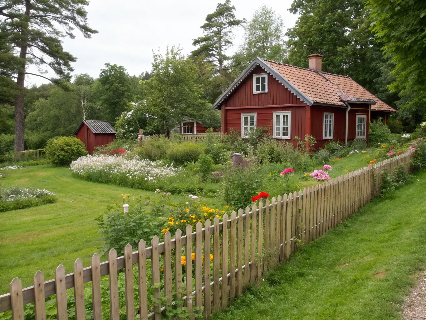 Vacker svensk trädgård med professionellt byggt staket