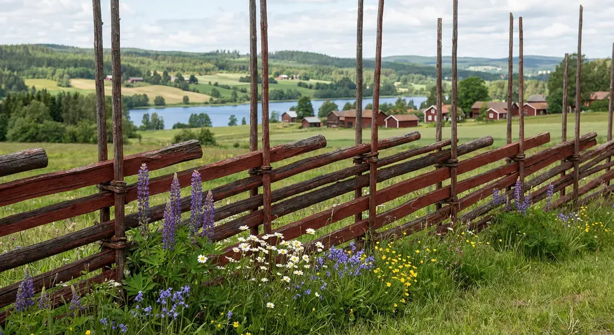 Rustikt lantligt staket i vitt med traditionell svensk stil