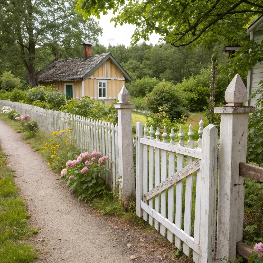 Rustikt lantligt staket i vitt med traditionell svensk stil