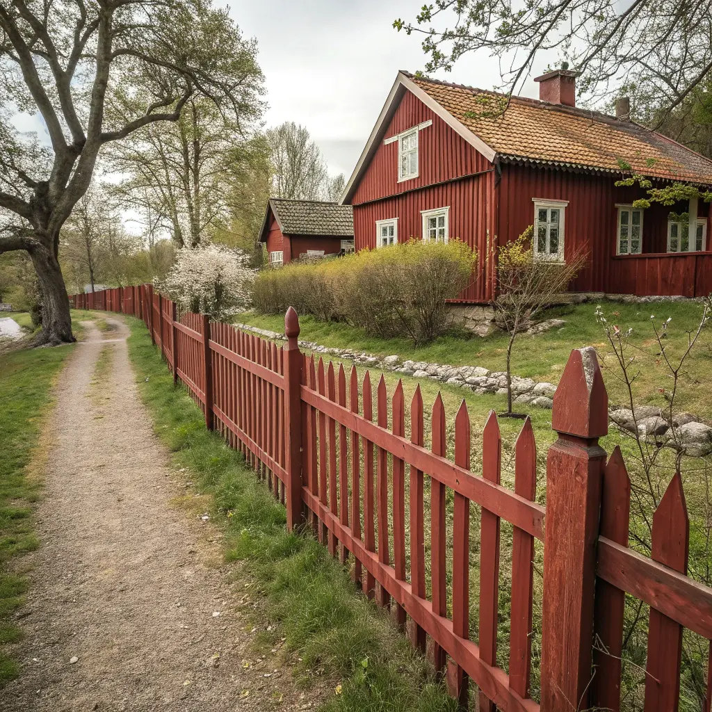 Rödmålat staket i traditionell svensk lantlig stil