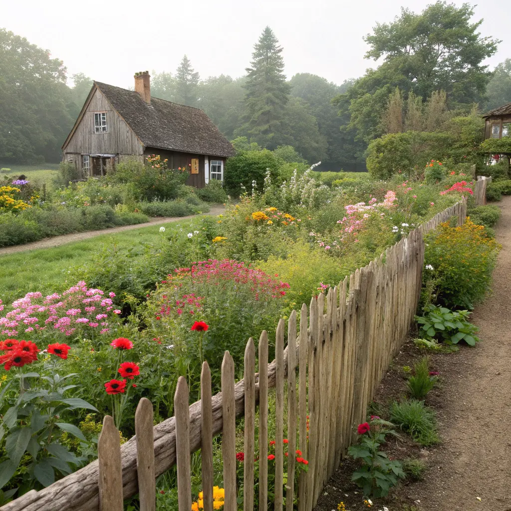Lantlig trädgård med rustikt trästaket