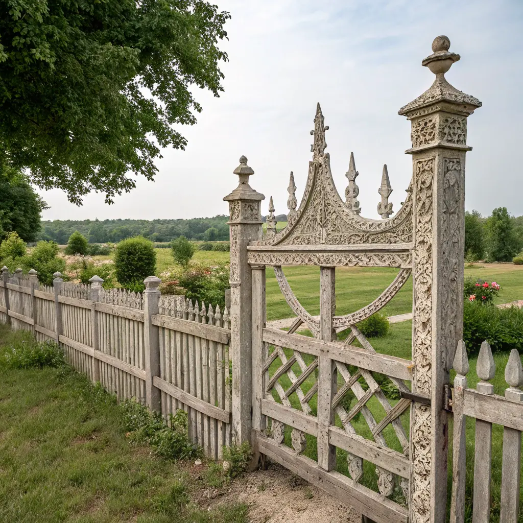 Vintage lantligt staket med dekorativa detaljer