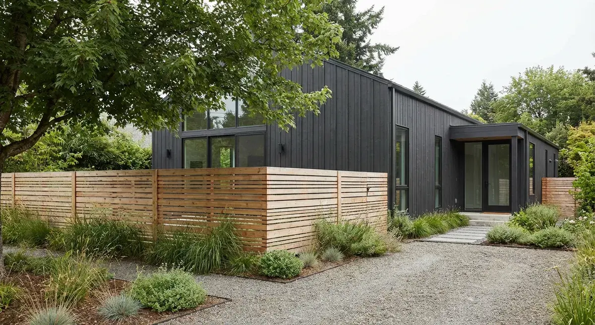 Modern liggande staket i svensk trädgård