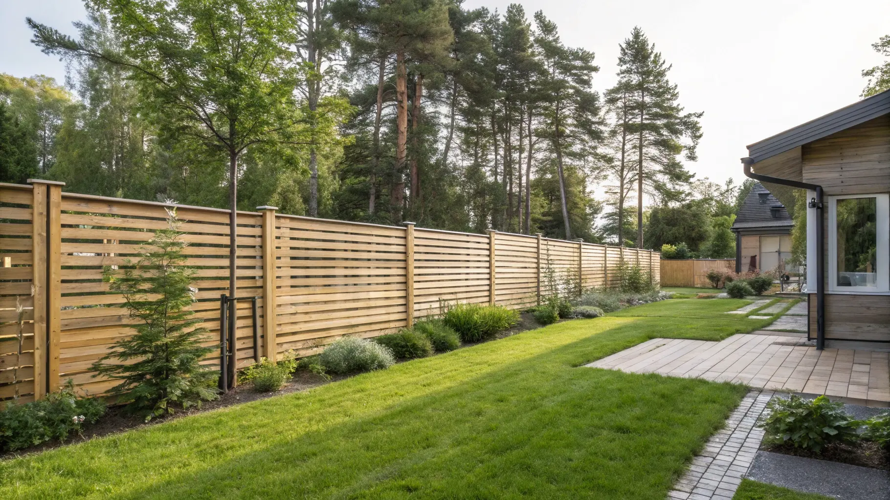 Svensk trädgård med modernt liggande staket