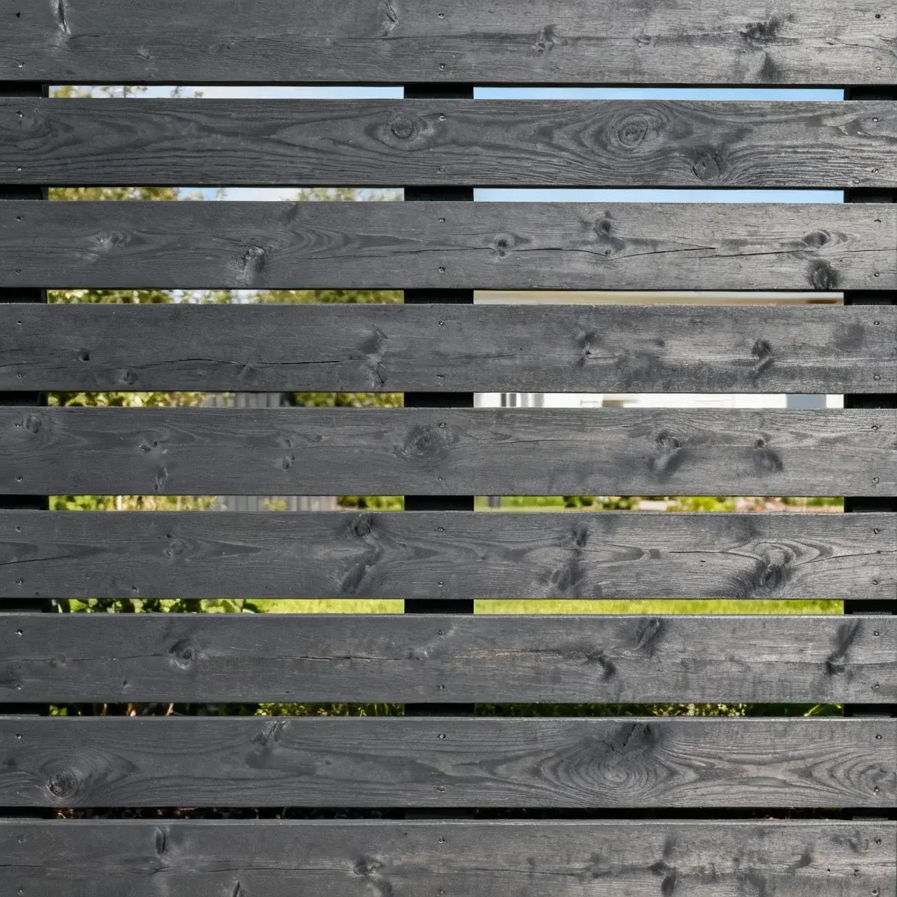 Modernt horisontellt trästaket med mellanrum och mörkgrå färg