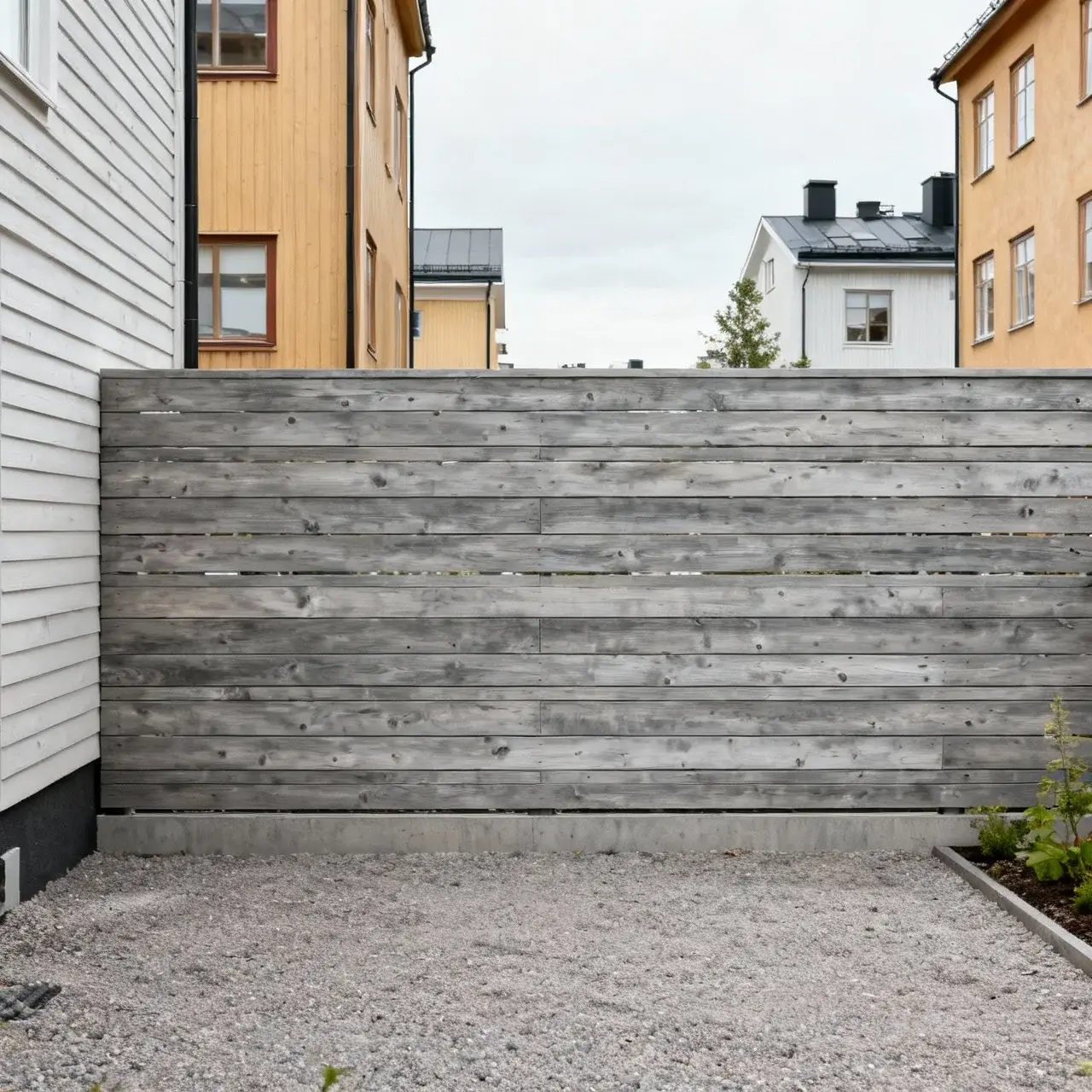 Samtida trädgårdsstaket i naturligt grått åldrat trä