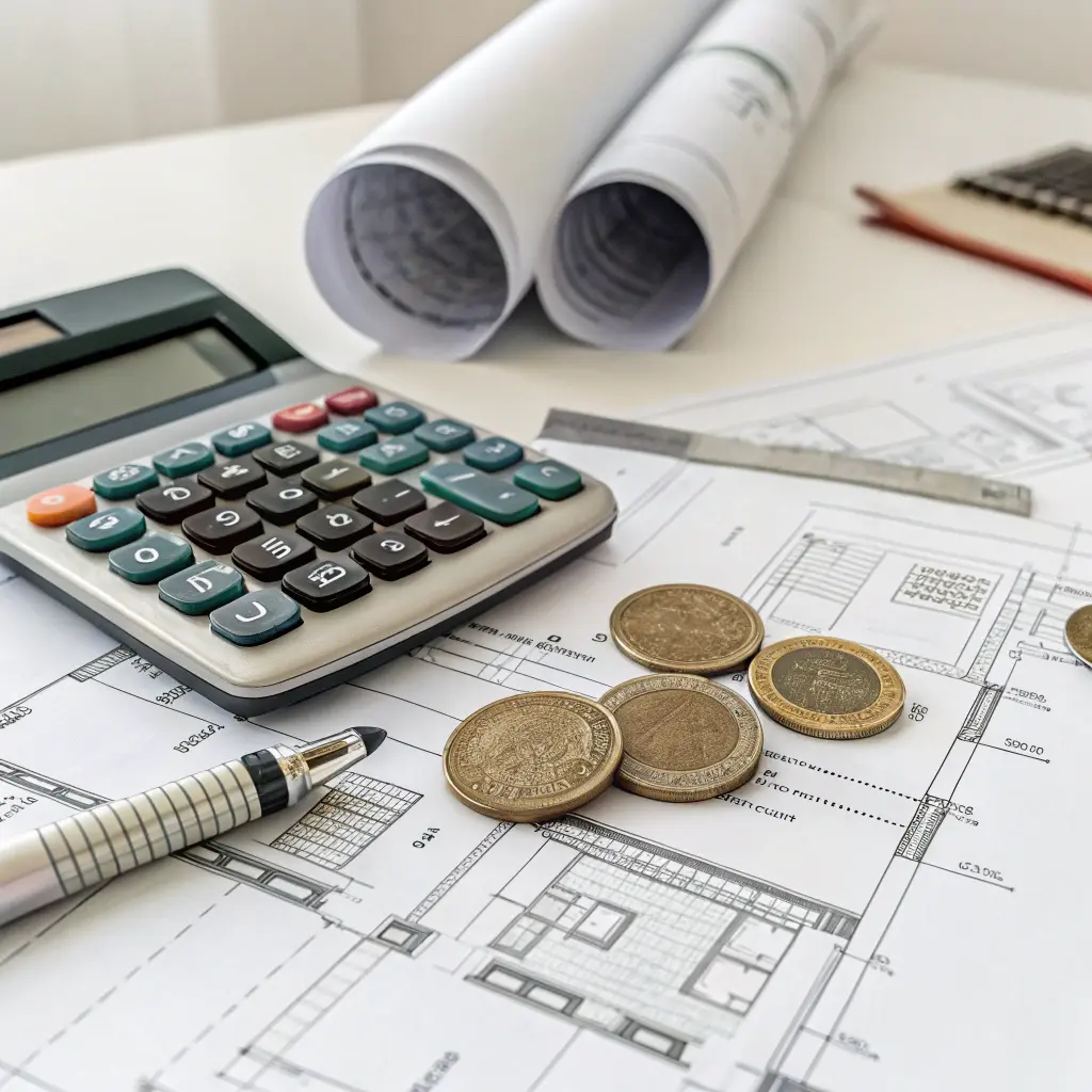 Kalkylator med ritningar och svenska kronor för kostnadsberäkning