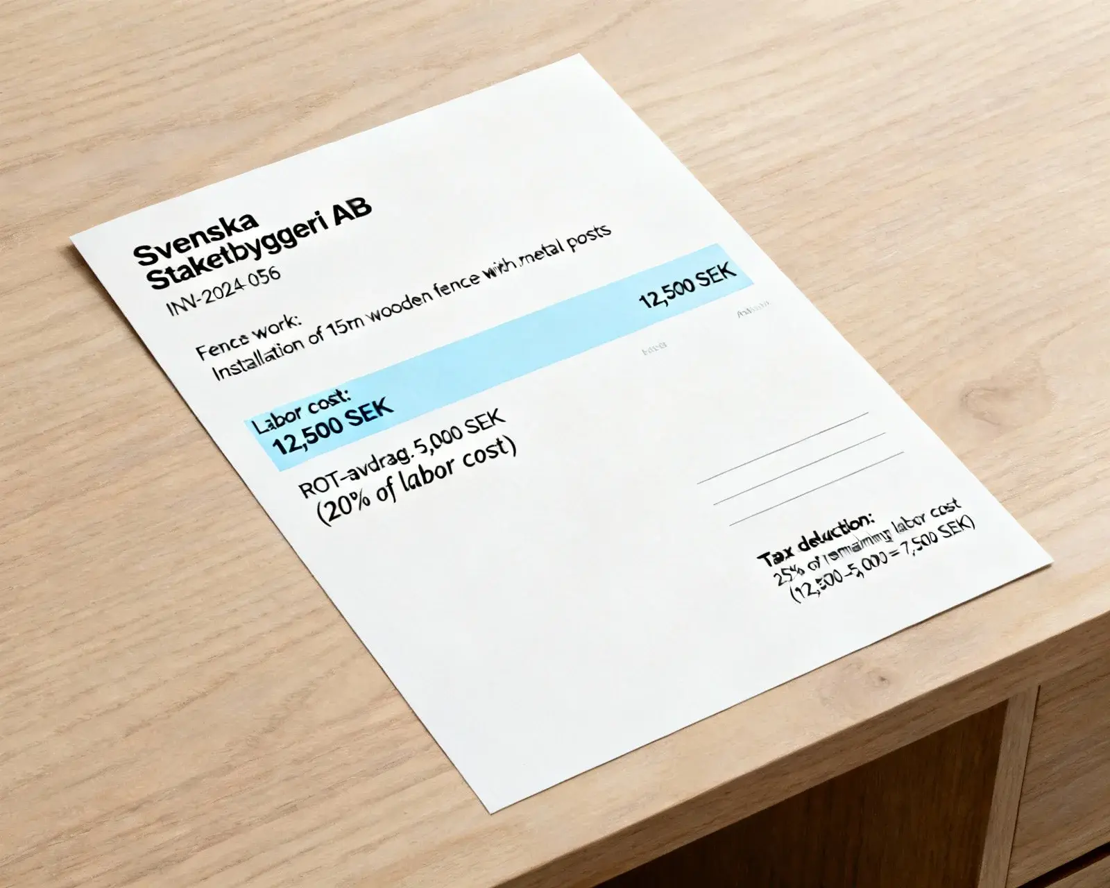 Faktura med ROT-avdrag för staketarbete