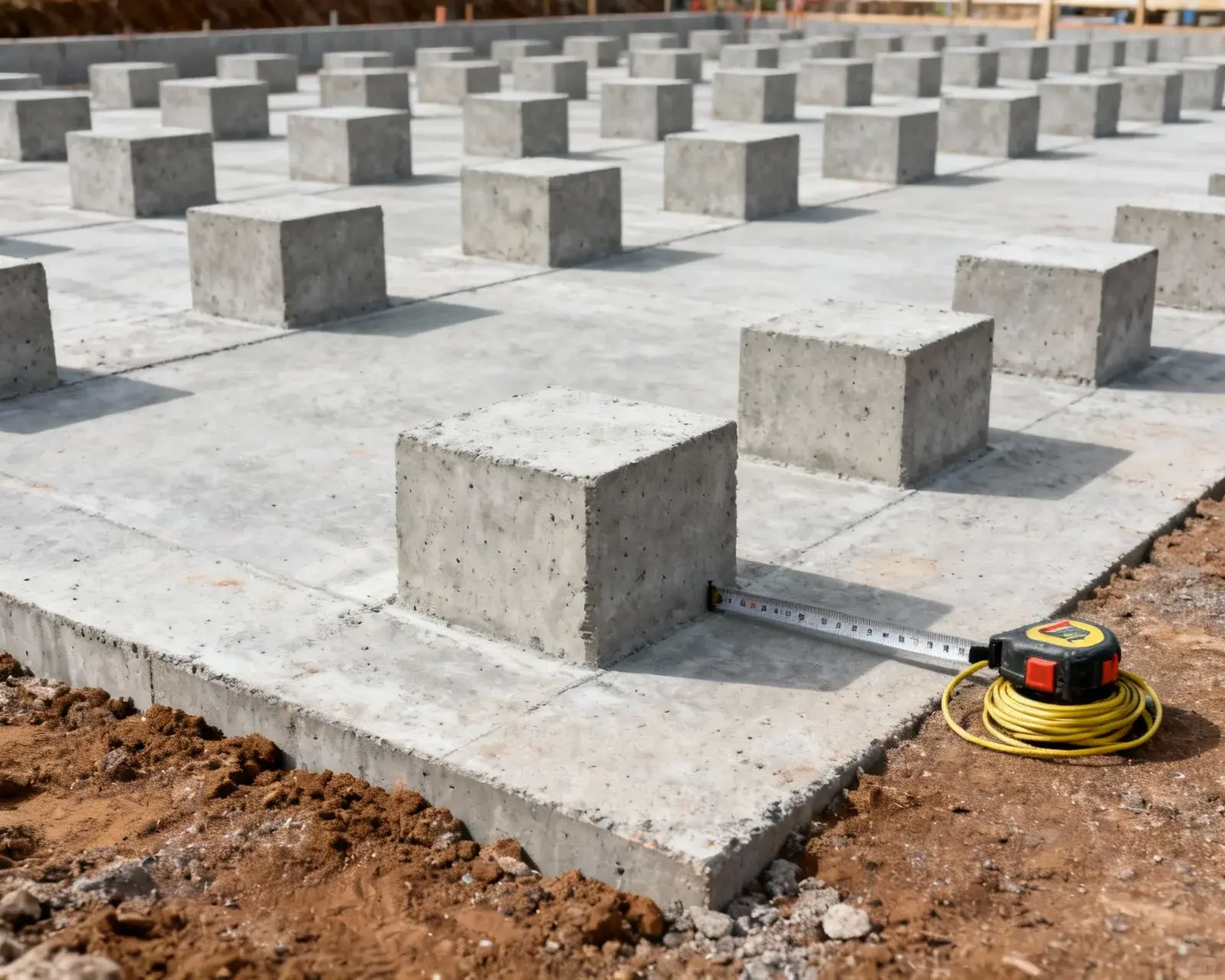 Betongplintar uppställda för staketinstallation