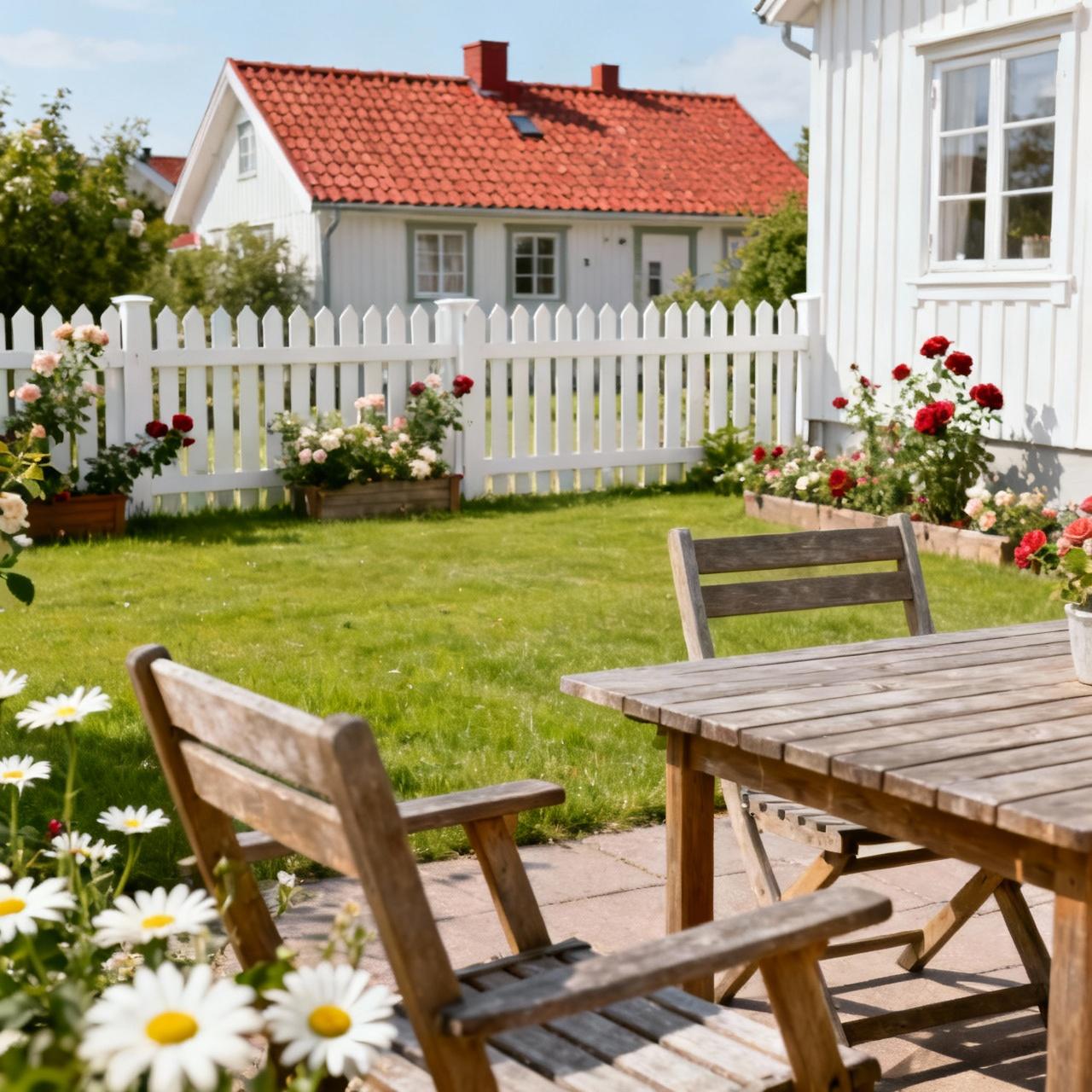 Vitt staket i lantlig trädgård