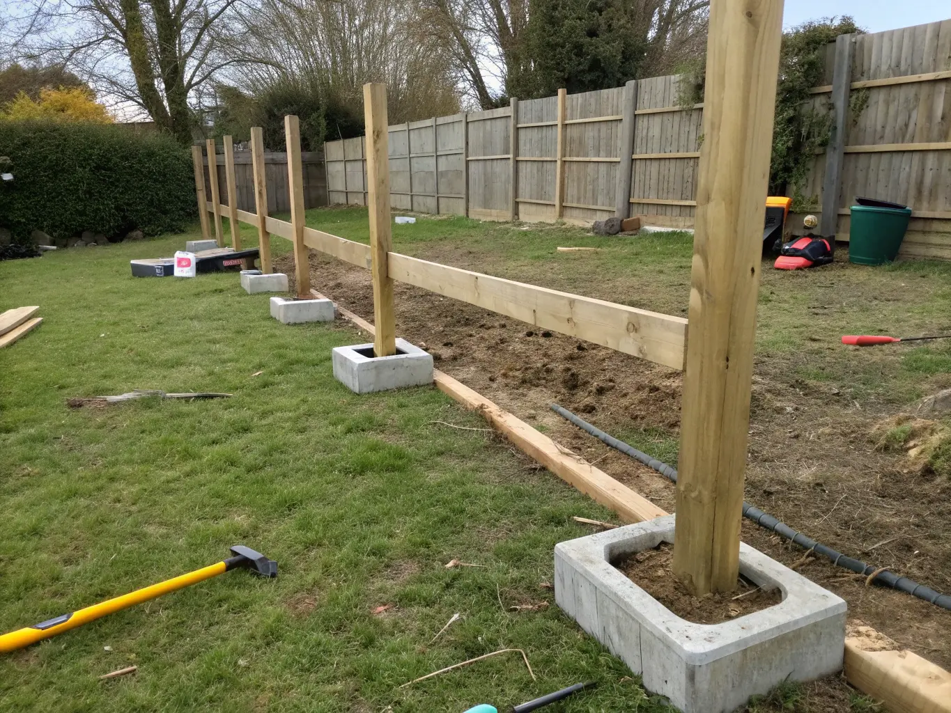 Staketstolpar monterade i trädgård